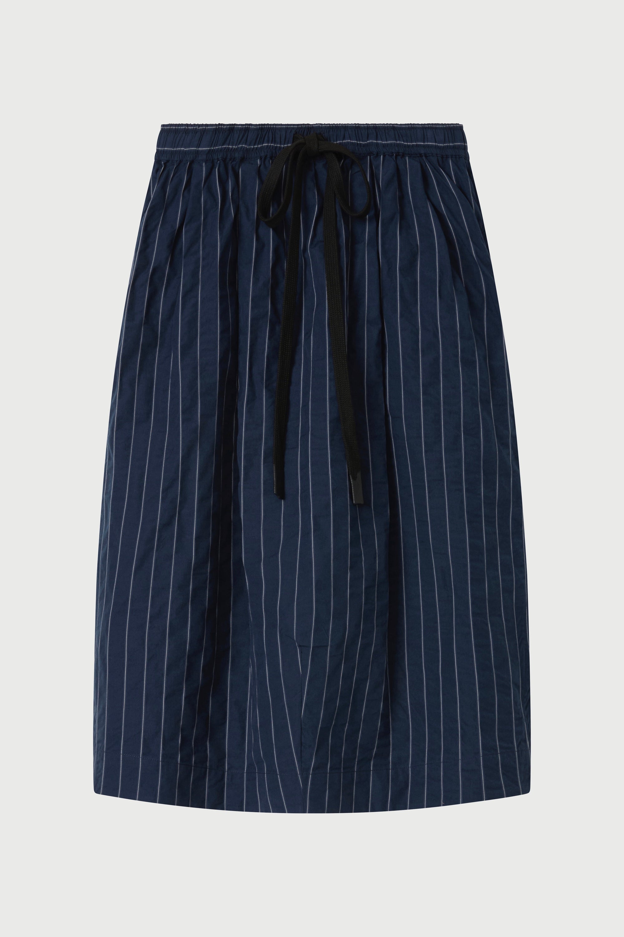 Navy pinstripe skirt with drawstring waist on a light gray background